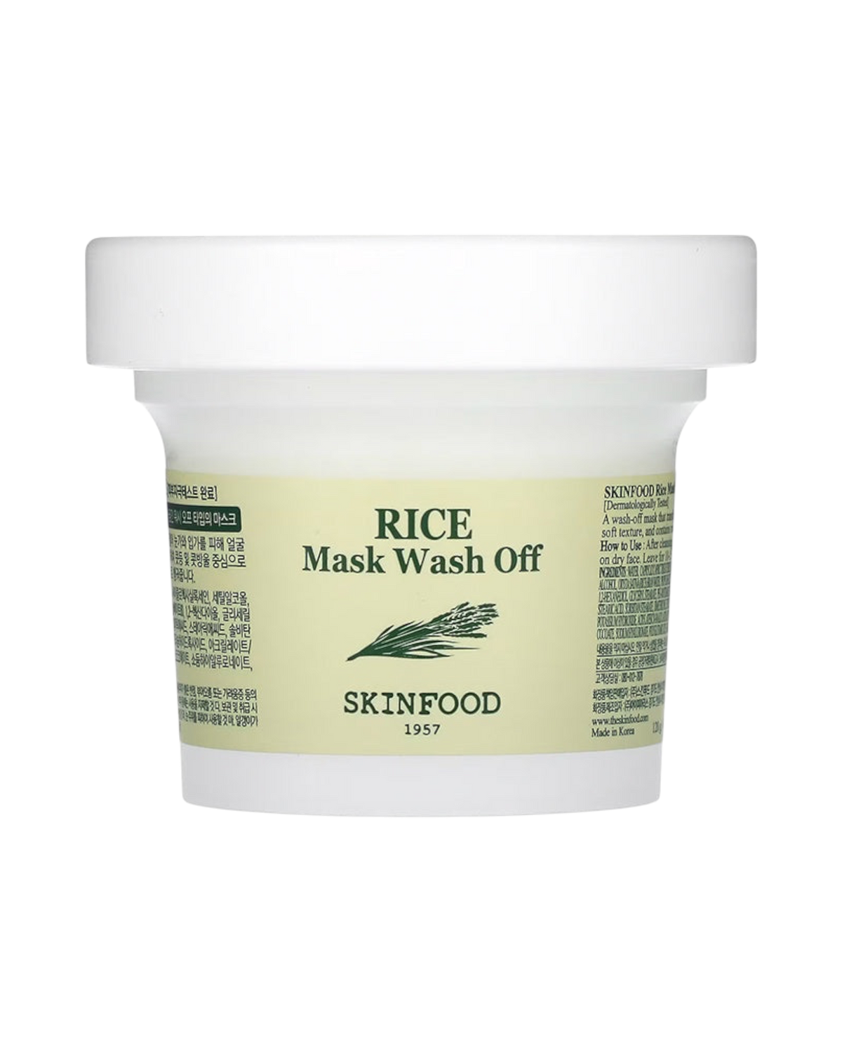 K-beauty glow Skinfood Rice Mask Wash Off in een witte pot voor een stralende en geëxfolieerde huid.