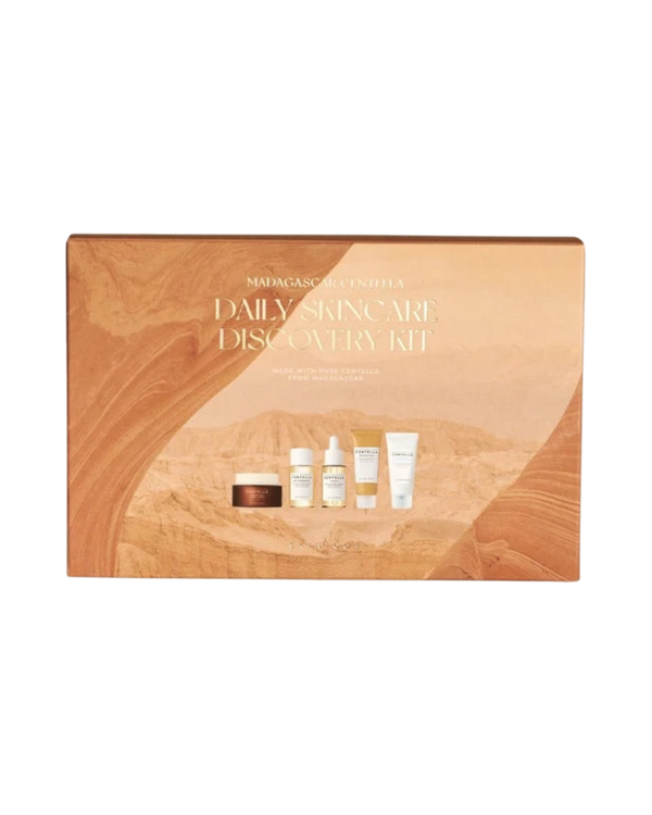 K-beauty glow Madagascar Centella Daily Skincare Discovery Kit met vijf reisformaat huidverzorgingsproducten in doos.