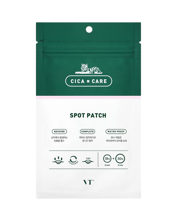K-beauty glow VT Cosmetics Cica Care hydrocolloid spot patches in een groene verpakking voor acnebehandeling