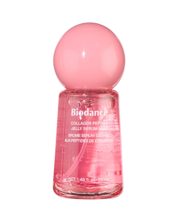 K-beauty glow Collagen Peptide Jelly Serum Mist in een roze fles met hydrogel textuur voor een stralende huid.