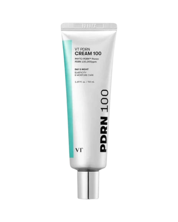 K-beauty glow VT PDRN Cream 100 in een witte tube voor hydratatie, versteviging en kalmering van de gevoelige huid.