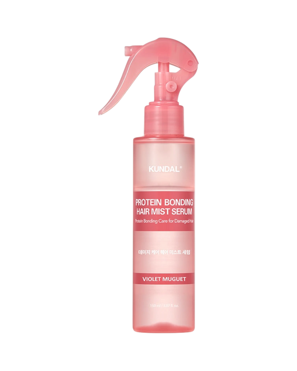 K-beauty glow KUNDAL Protein Bonding Hair Mist in een roze sprayfles voor herstel van droog en beschadigd haar.