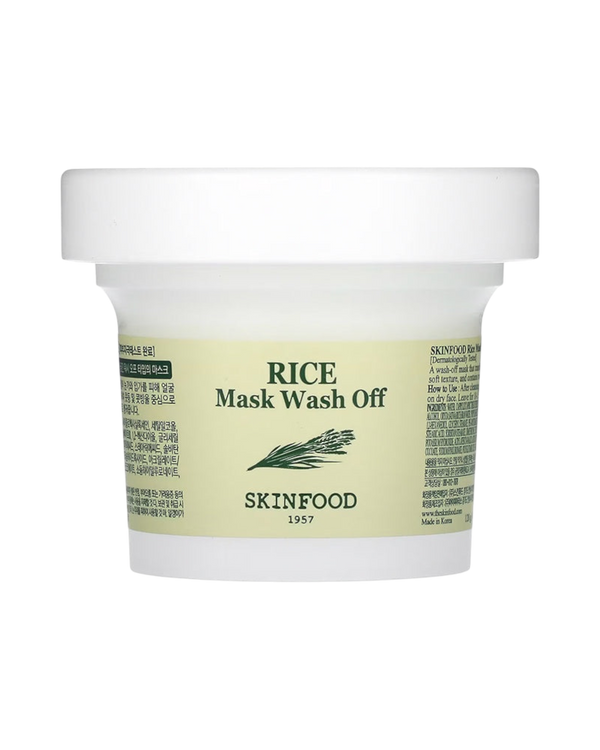 K-beauty glow Skinfood Rice Mask Wash Off in een witte pot voor een stralende en geëxfolieerde huid.