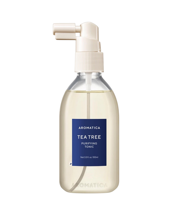 K-beauty glow Aromatica Tea Tree Purifying Tonic in een doorzichtige sprayfles voor een frisse en gezonde hoofdhuid.