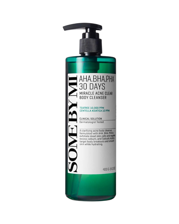 K-beauty glow Some By Mi AHA BHA PHA 30 Days Miracle Acne Clear Body Cleanser in een groene fles met pomp.