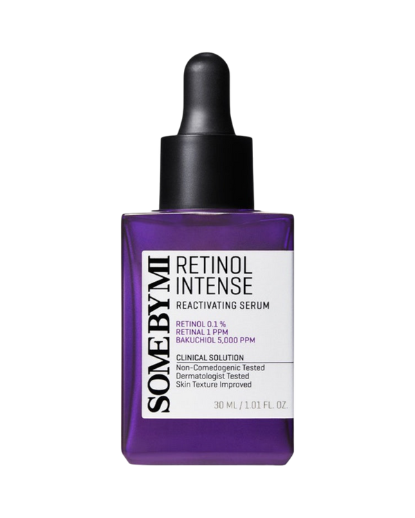 K-beauty glow Retinol Intense Reactivating Serum in een paarse glazen fles met pipet voor huidverjonging.