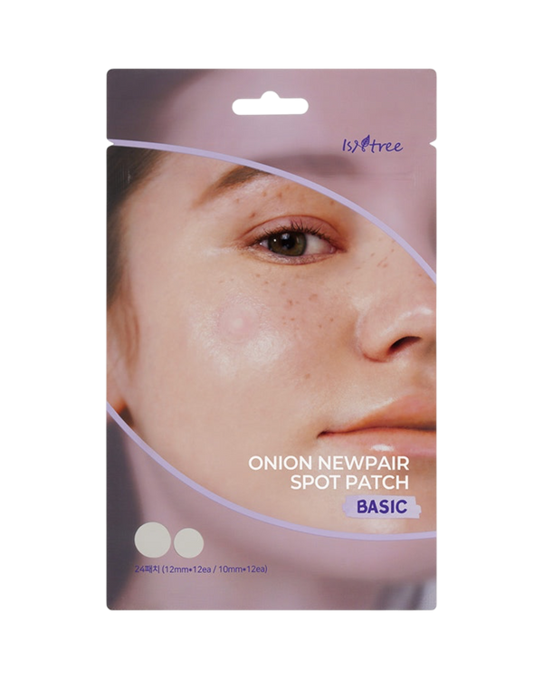 K-beauty glow Onion Newpair Spot Patch Basic verpakking met een transparante hydrocolloïde pleister op een gezicht