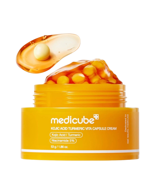K-beauty glow Kojic Acid & Turmeric Vita Capsule Cream met capsules die op de huid smelten voor hydratatie en egalere teint.